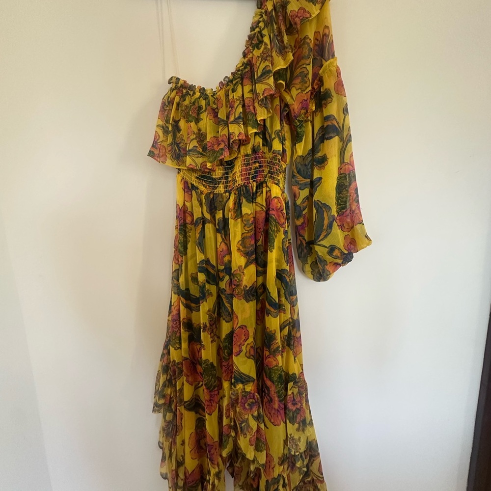 Misa Los Angeles Yellow Pink Ruffled One-Shoulder Dress